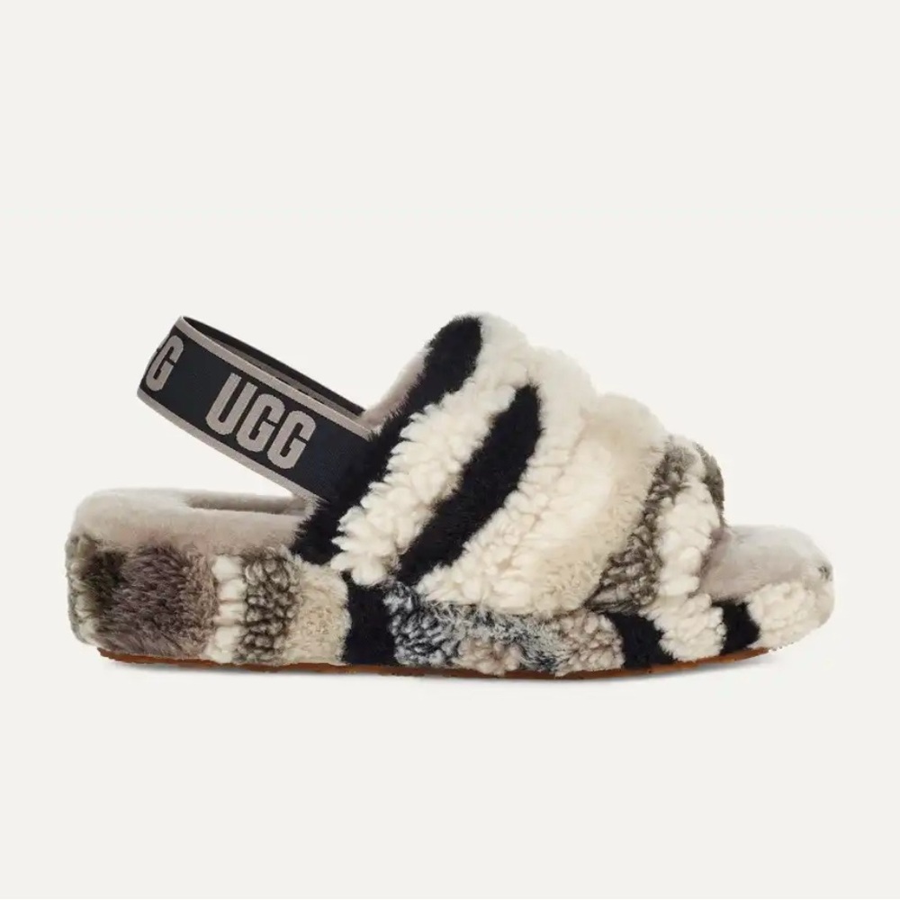 UGG Fluffy Striped Sandals - Black and Crea